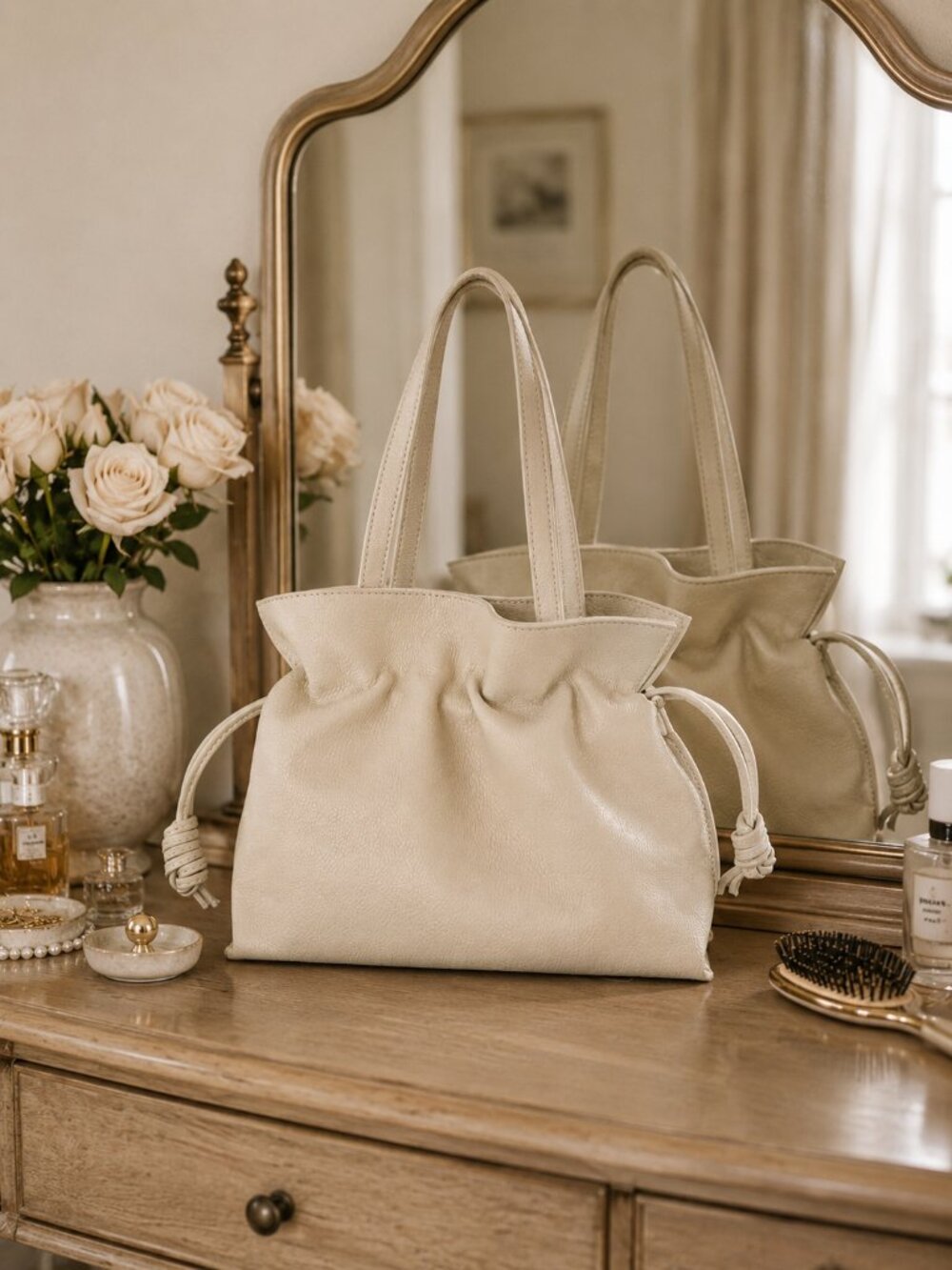 Beige Italian Leather Bag, Soft Pebbled Leather Crossbody Purse